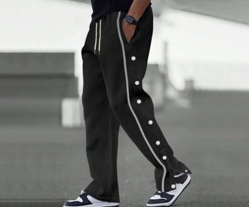 Snap Button Track Pants – Lightweight Polyester Pants with Side Stripes & Full-Length Snap Closures for Everyday Sports or Casual Use