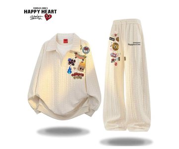 Textured Shirt & Pants Set – Long-Sleeve Top with Collar and Elastic Waist Pants Featuring Embroidered Patches for Everyday Casual or Retail Display