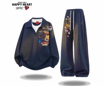 Textured Shirt & Pants Set – Long-Sleeve Top with Collar and Elastic Waist Pants Featuring Embroidered Patches for Everyday Casual or Retail Display