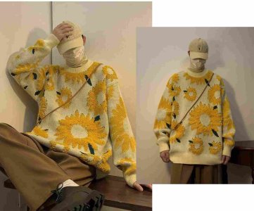Sunflower Print Sweater – Pullover Knit Top with All-Over Floral Design for Casual Wear, Retail Display or Seasonal Decorative Stocking