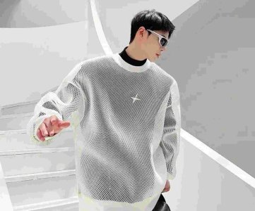 Mesh Long-Sleeve Shirt – Netted Pullover with Solid Trim & Chest Emblem for Decorative Layering, Casual Styling or Retail Display