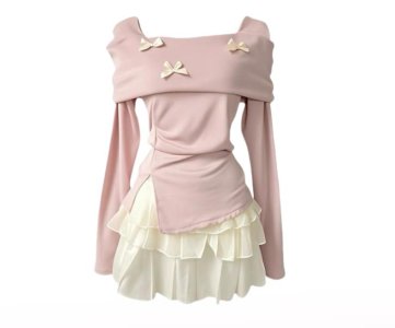 Off-Shoulder Blouse & Layered Skirt Set – Draped Top with Bow Accents & Sheer Tiered Bottom for Boutique Display or Casual Feminine Styling