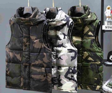 Camouflage Puffer Vest – Sleeveless Hooded Layer with “CF” Gold Print, Quilted Texture & Button Closure for Cold-Weather Styling or Retail Display