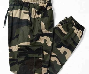 Camouflage Cargo Pants – Elastic Waist with Flap-Zip Pocket, Drawstring & Utility Styling for Streetwear Capsules or Outdoor Retail Display