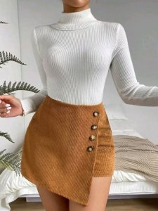 Female Ribbed Mini Skirt – Asymmetrical Hem with Decorative Button Detail for Boutique Styling, Casual Outfits or Retail Display